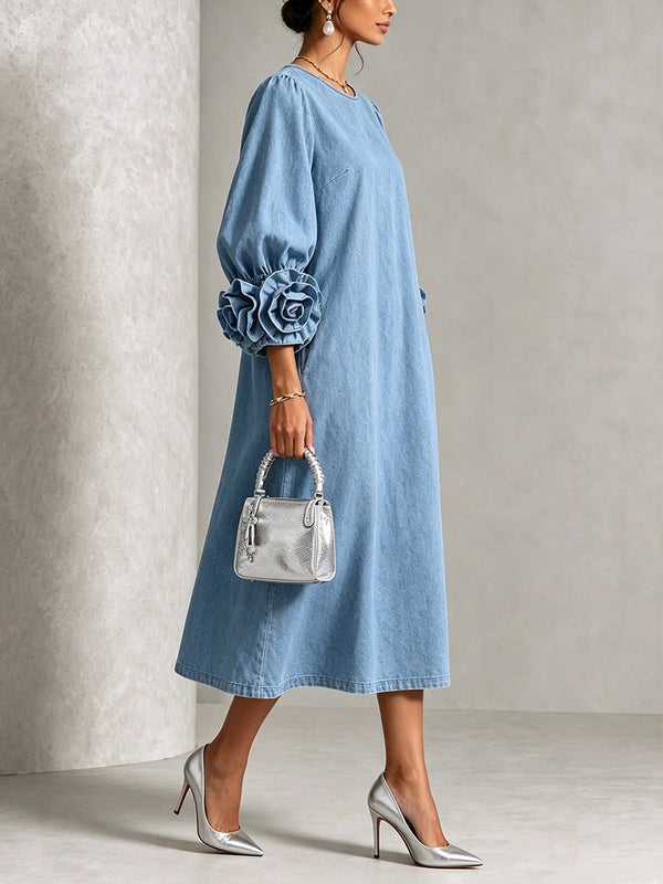 Chambray Denim Midi Dress with 3D Rosettes on the Sleeves™