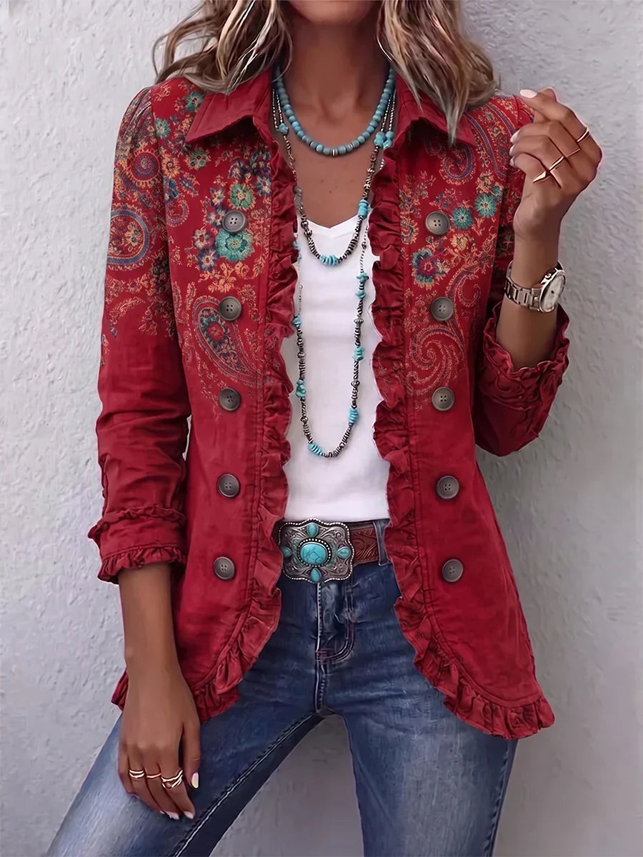 Charlotte | Boho Jacket with Red Paisley Pattern and Ruffles™