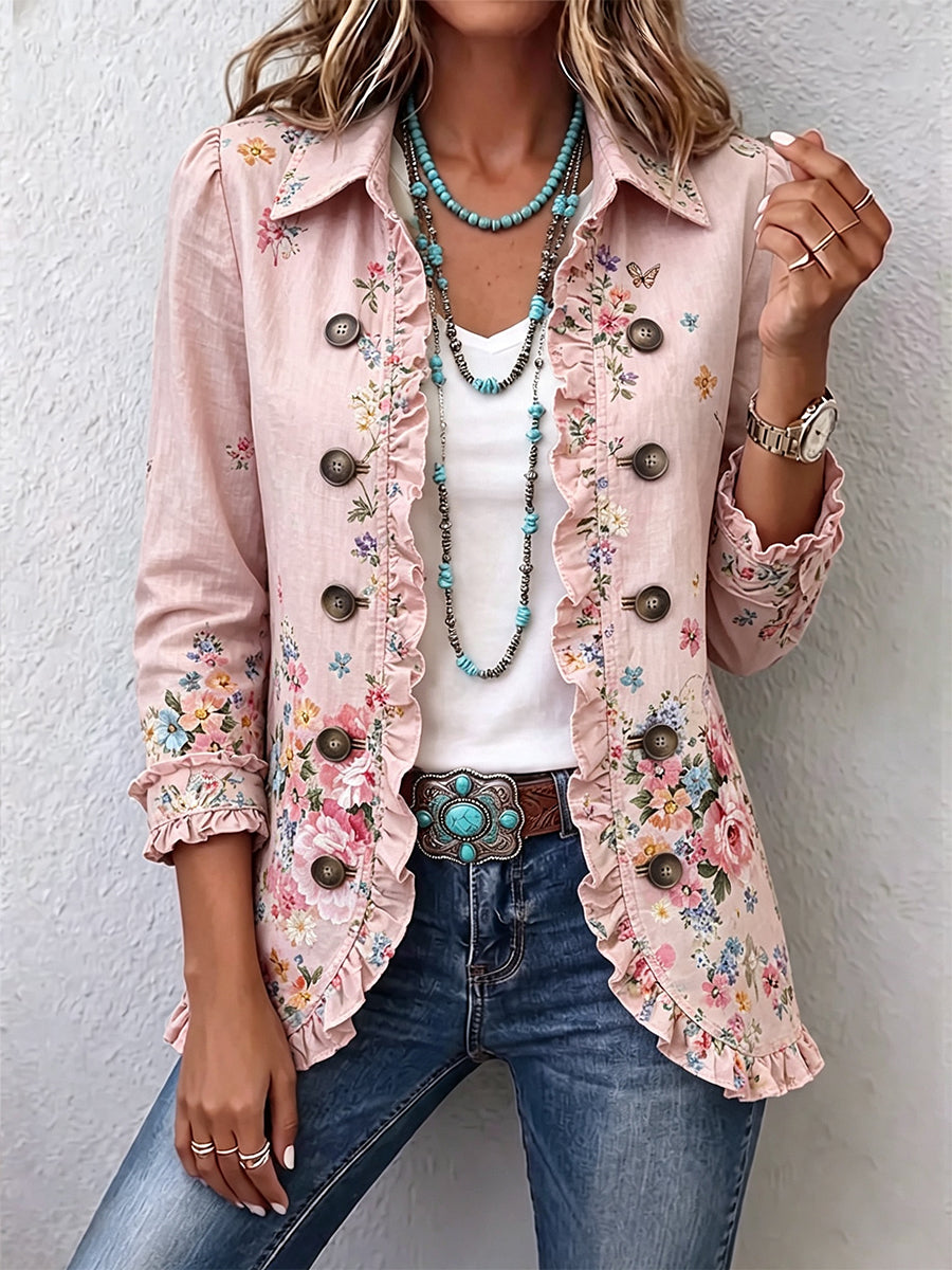 Martine | Pink Floral Jacket with Ruffles and Buttons
