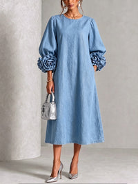 Chambray Denim Midi Dress with 3D Rosettes on the Sleeves™