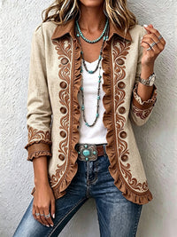 Octavie | Retro Boho Floral Jacket in Camel and Brown with Ruffles