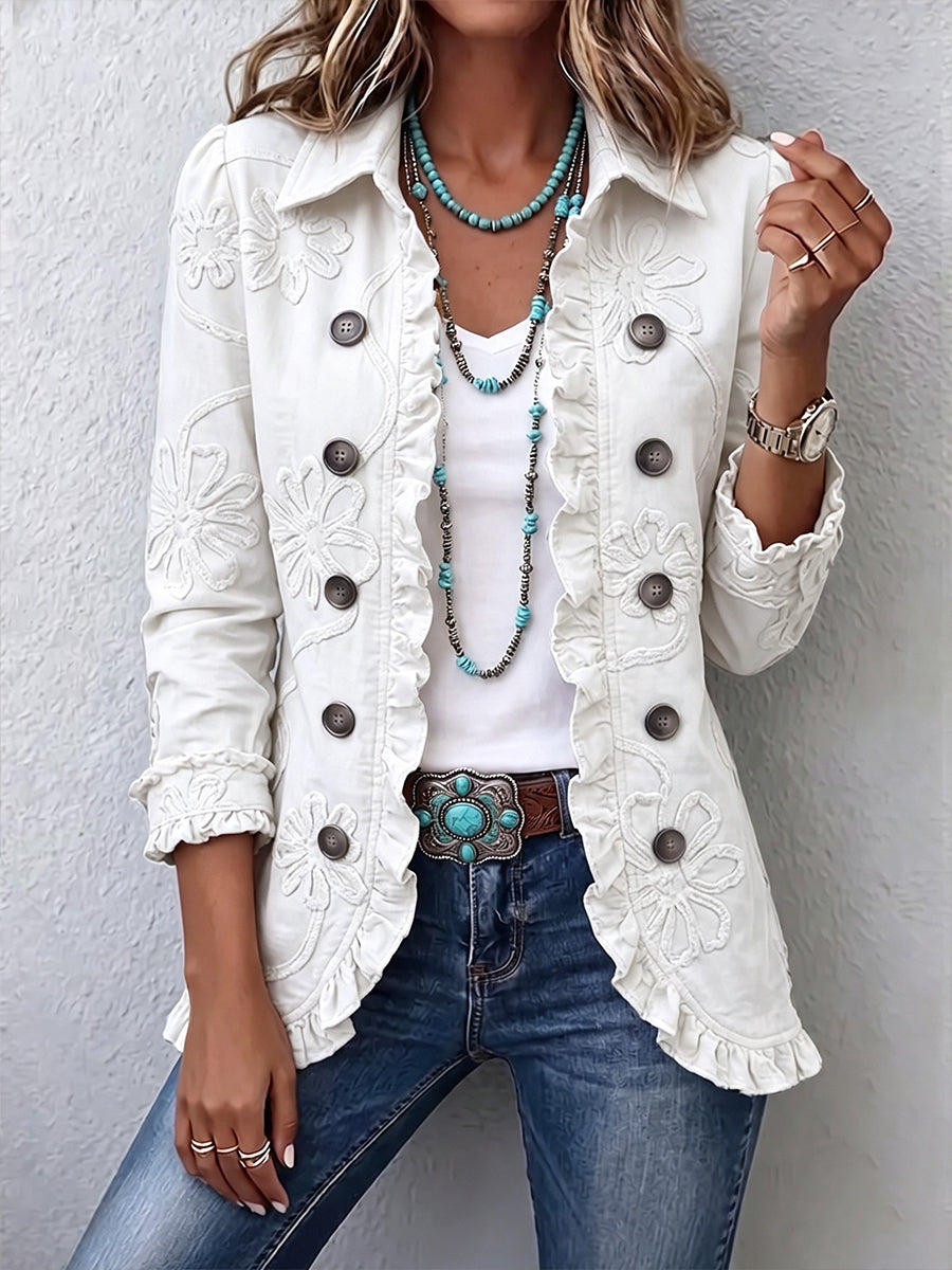 Camille | Boho Chic Jacket with Ivory Floral Embroidery and Ruffled Trims™