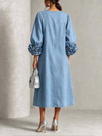Chambray Denim Midi Dress with 3D Rosettes on the Sleeves™