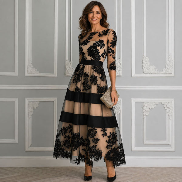 Elegant Black Lace A-Line Midi Dress™