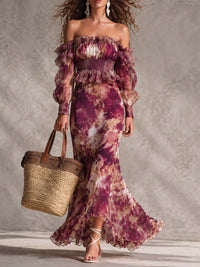Rosette | Pink Floral Chiffon Maxi Dress with Off-Shoulder Neckline