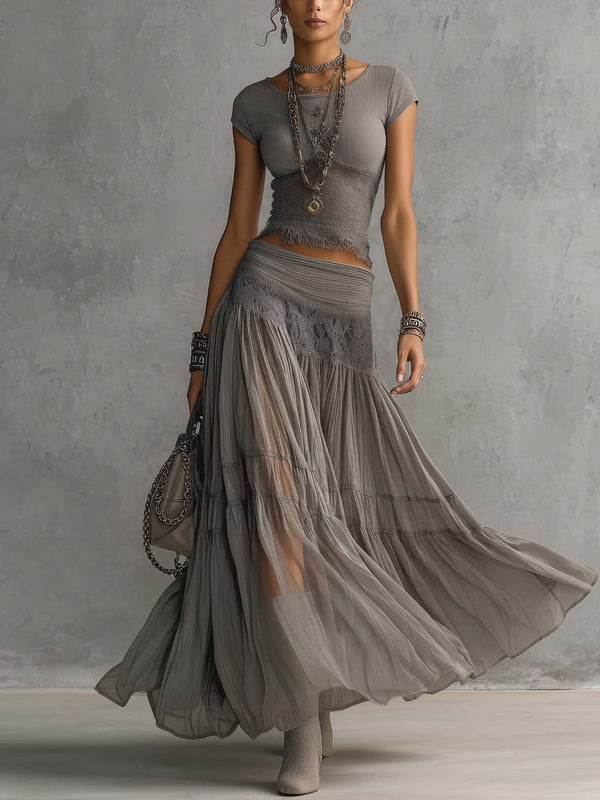 Aloïse | Set with Grey Sheer Lace Top and Pleated Maxi Skirt