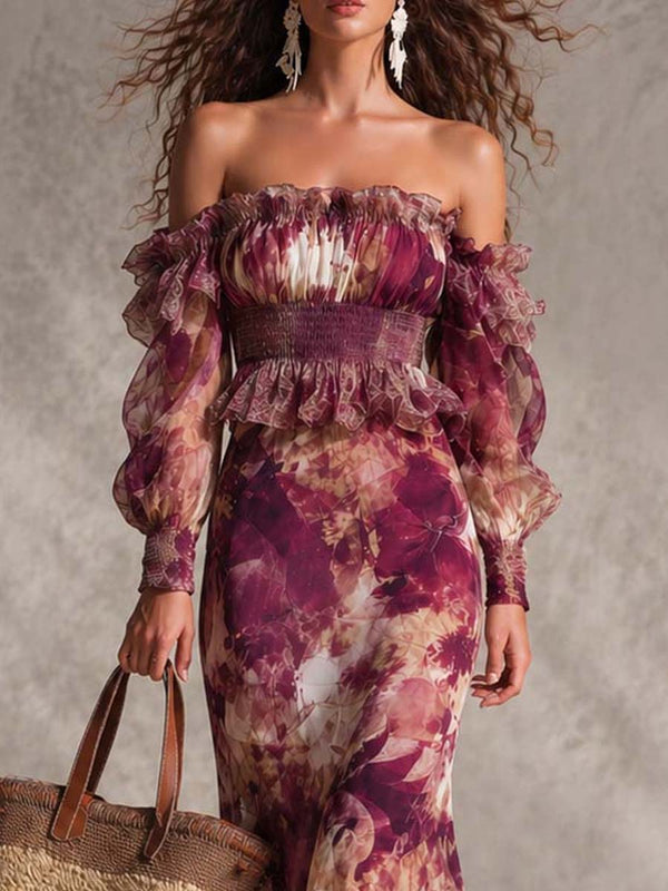 Rosette | Rose Floral Chiffon Off-Shoulder Maxi Dress