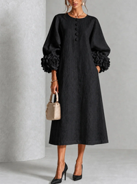 Chambray Denim Midi Dress with 3D Rosettes on the Sleeves™