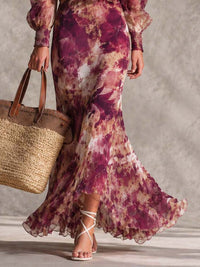 Rosette | Pink Floral Chiffon Maxi Dress with Off-Shoulder Neckline