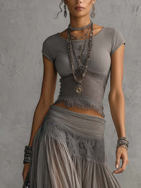 Geneviève | Sheer Black Lace Top and Pleated Maxi Skirt Set