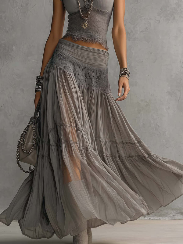 Aloïse | Set with Grey Sheer Lace Top and Pleated Maxi Skirt