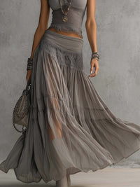Geneviève | Sheer Black Lace Top and Pleated Maxi Skirt Set