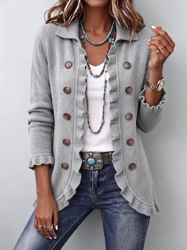 Theodora | Ribbed Knit Jacket in Mélange Gray with Ruffles™