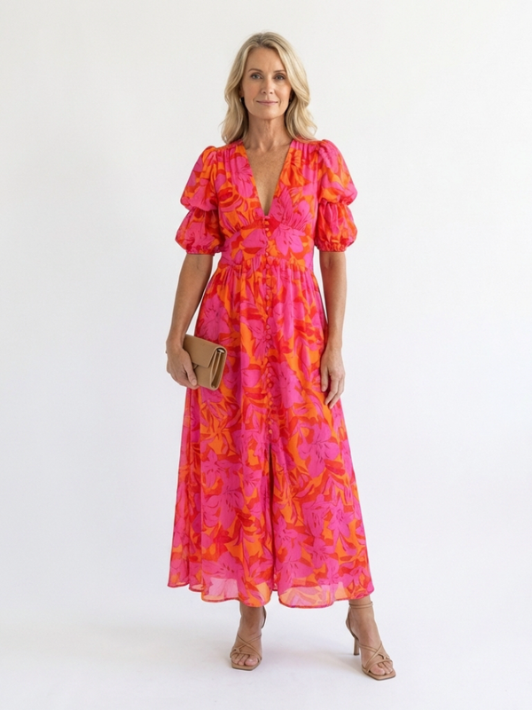 Violet & Grace | Floral Midi Dress with V-Neck and Puffed Sleeves™