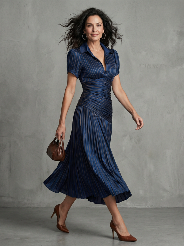 Theodora | Striped Midi Dress with Pleated Waist™
