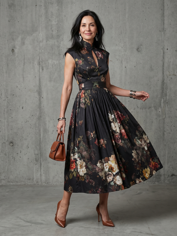 Greta | Pleated Floral Midi Dress with High Neck and Keyhole Cutout™