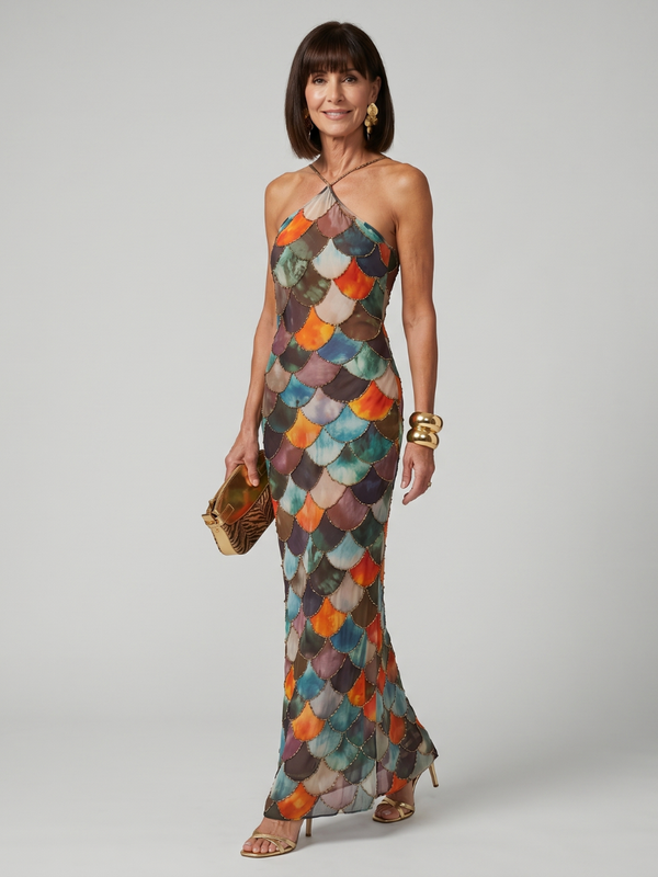 Larkin | Fitted Colorful Maxi Dress with Scale Pattern™