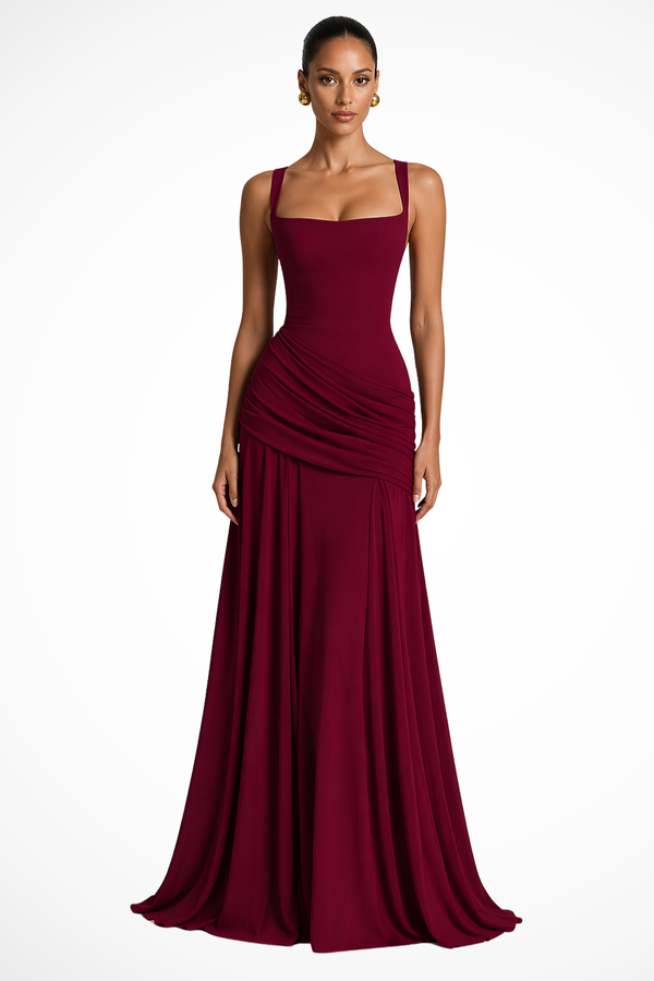 Lavinia | Women Square Neck Ruched Wedding Guest Maxi Dress with Side Slit