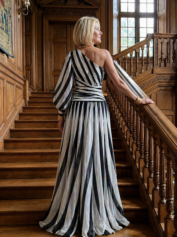 Violet & Grace | Elegant One-Shoulder Striped Maxi Dress™