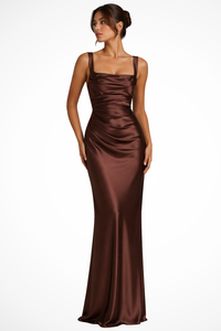 Vivienne | Women Square Neck Ruched Satin Maxi Wedding Guest Dress
