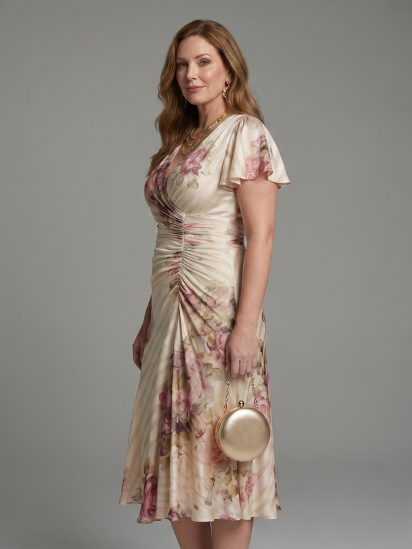 Katarina | Midi Wrap Dress with Flutter Sleeves and Floral Stripe Pattern™