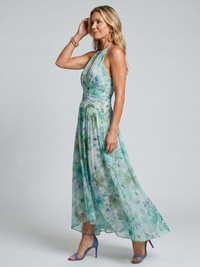 Portia | Pleated Halter Midi Dress with Soft Floral Pattern™