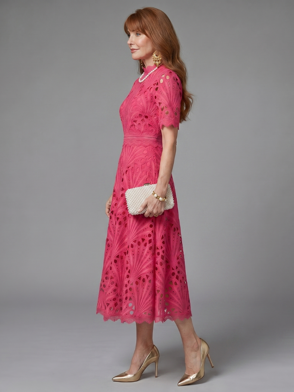 Juno | Short-Sleeve Eyelet Lace Mini Dress with Fitted Waist™