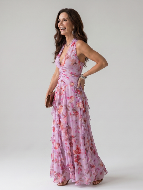 Nori | Floral Halter Neck Maxi Dress with Ruched Bust™