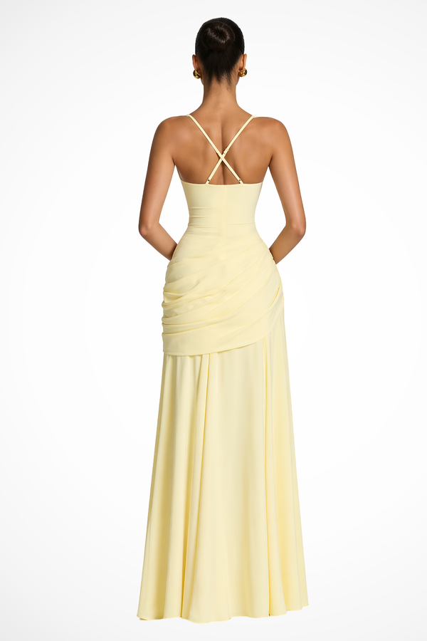 Lavinia | Women Square Neck Ruched Wedding Guest Maxi Dress with Side Slit
