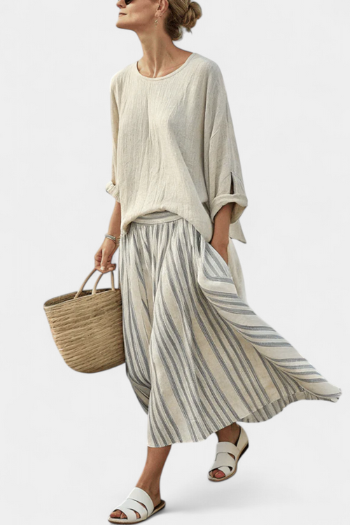 Simone | Women's set with oversized top and striped midi skirt