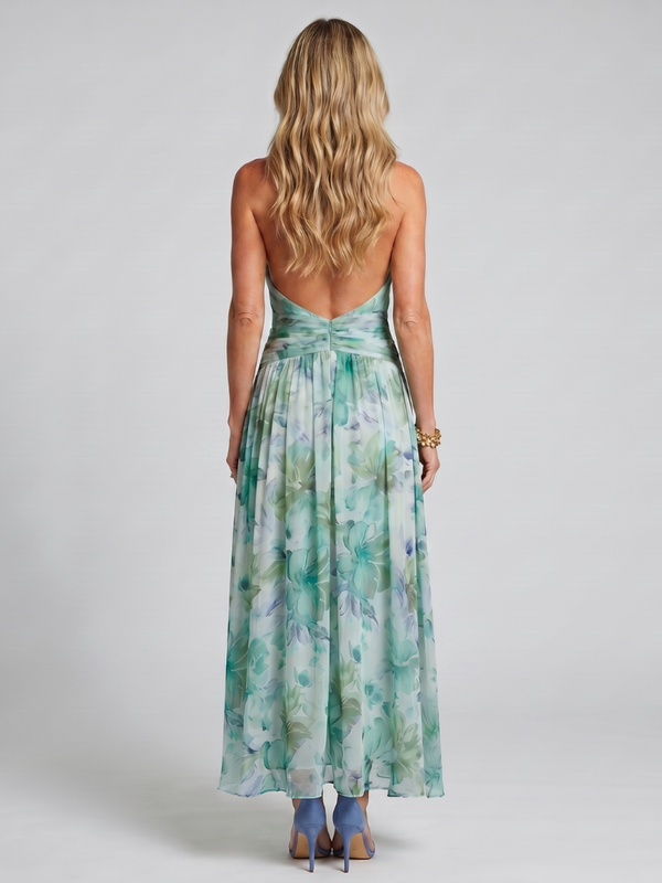 Portia | Pleated Halter Midi Dress with Soft Floral Pattern™