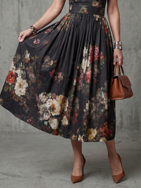 Greta | Pleated Floral Midi Dress with High Neck and Keyhole Cutout™