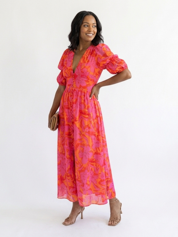 Violet & Grace | Floral Midi Dress with V-Neck and Puffed Sleeves™
