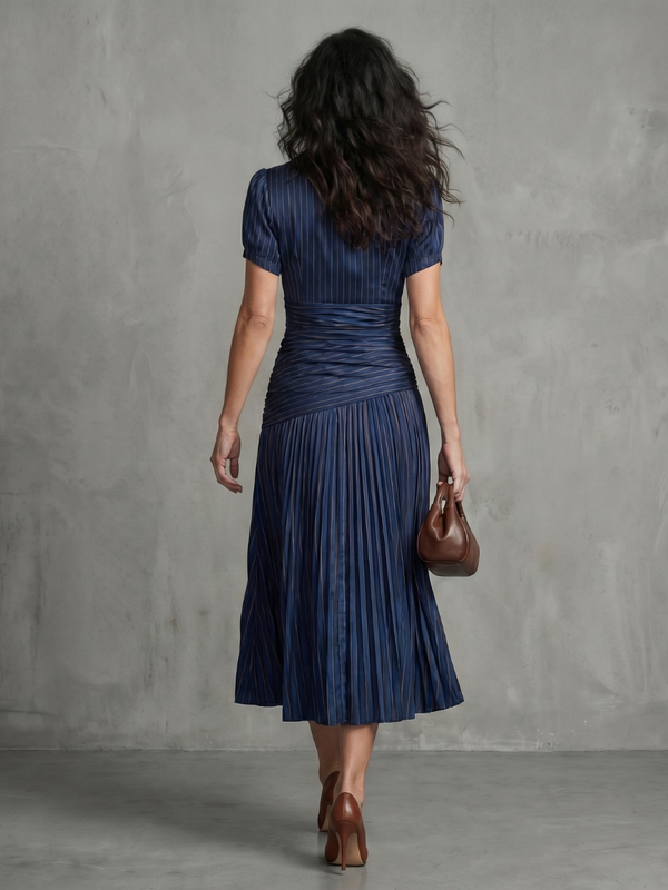Theodora | Striped Midi Dress with Pleated Waist™