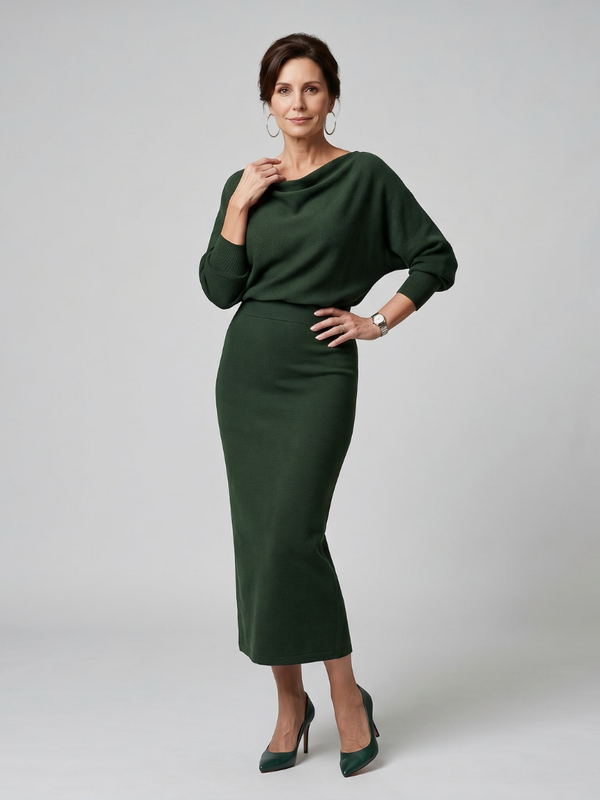 Romy | Midi Dress with Draped Neckline and Fitted Skirt™
