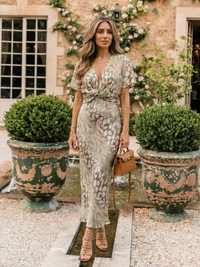 Violet & Grace | Abstract Print Midi Dress with V Neckline and Twist Waist