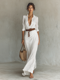 Séverine | Long Maxi Dress with Lapel Collar and Long Sleeves
