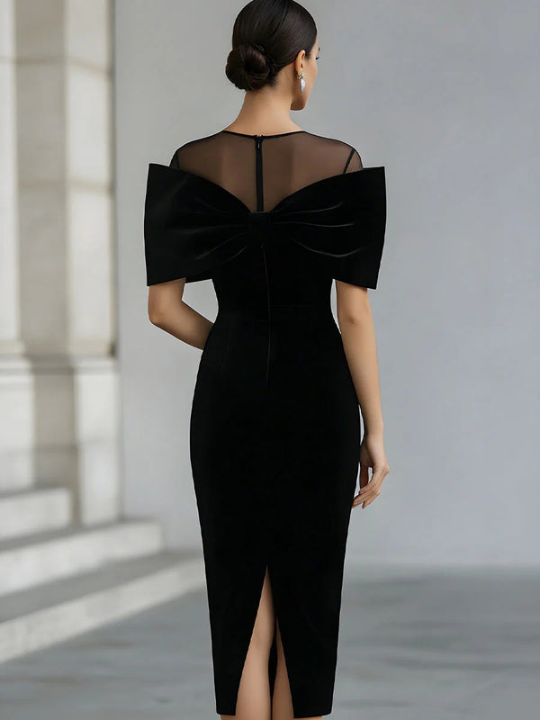 Regina ❘ Black Velvet Midi Dress with Statement Bow™