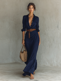 Séverine | Long Maxi Dress with Lapel Collar and Long Sleeves