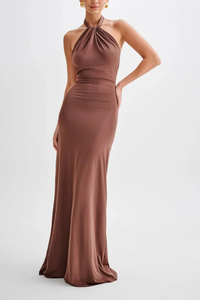 Bronte | Women Halter Neck Twisted Knot Open Back Bodycon Wedding Guest Maxi Dress