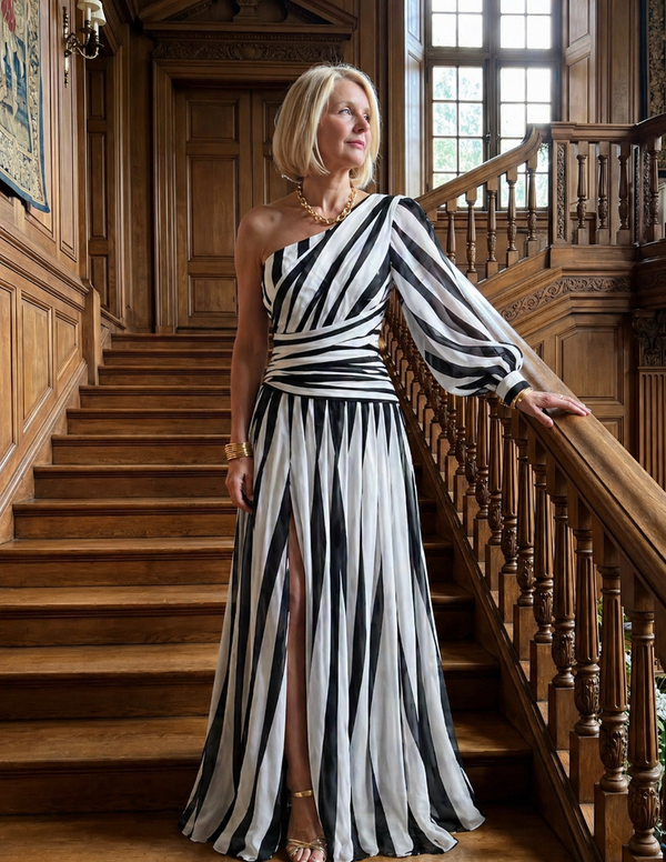 Violet & Grace | Elegant One-Shoulder Striped Maxi Dress™