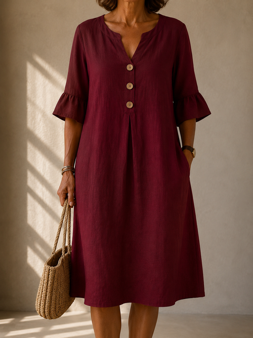 Brigitte | Midi Dress with Buttons and Ruffled Sleeves