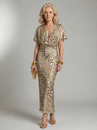 Violet & Grace | Abstract Print Midi Dress with V Neckline and Twist Waist