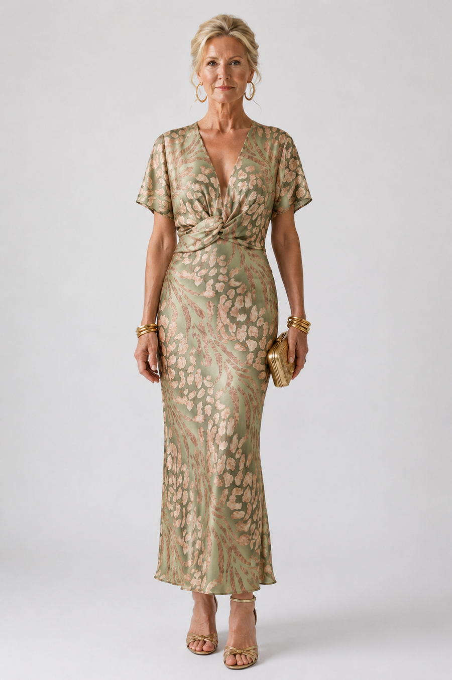 Violet & Grace | Abstract Print Midi Dress with V Neckline and Twist Waist