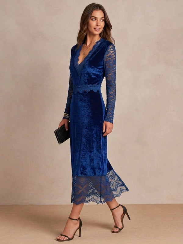 Adrienne | Midnight Blue Velvet Midi Dress with V-Neck and Lace Sleeves
