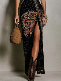 Romy | Black Boho Printed Dress with Deep V-Neck and High Slit
