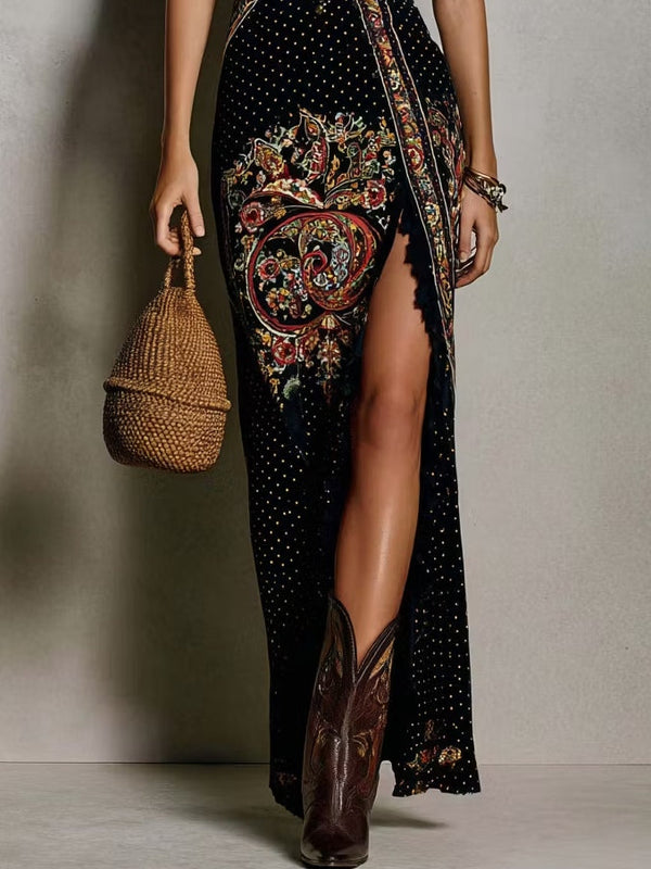 Romy | Black Boho Printed Dress with Deep V-Neck and High Slit