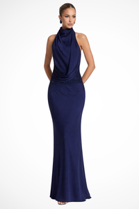 Ottilie | Women Halter Neck Draped Satin Wedding Guest Maxi Dress