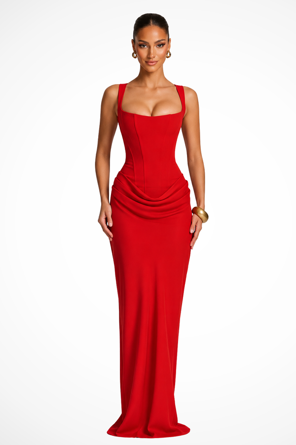 Rosalind | Women Square Neck Corset Draped Wedding Guest Maxi Dress
