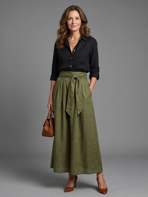 Vera | Two-Piece Set with Black Top and Olive Midi Skirt™